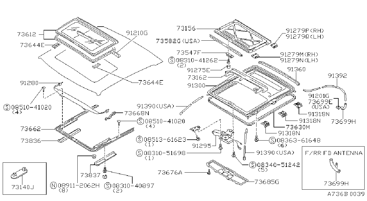Diagram SUN ROOF PARTS for your 1987 Nissan Maxima SEDAN SL/GL 3.0L V6 AT 