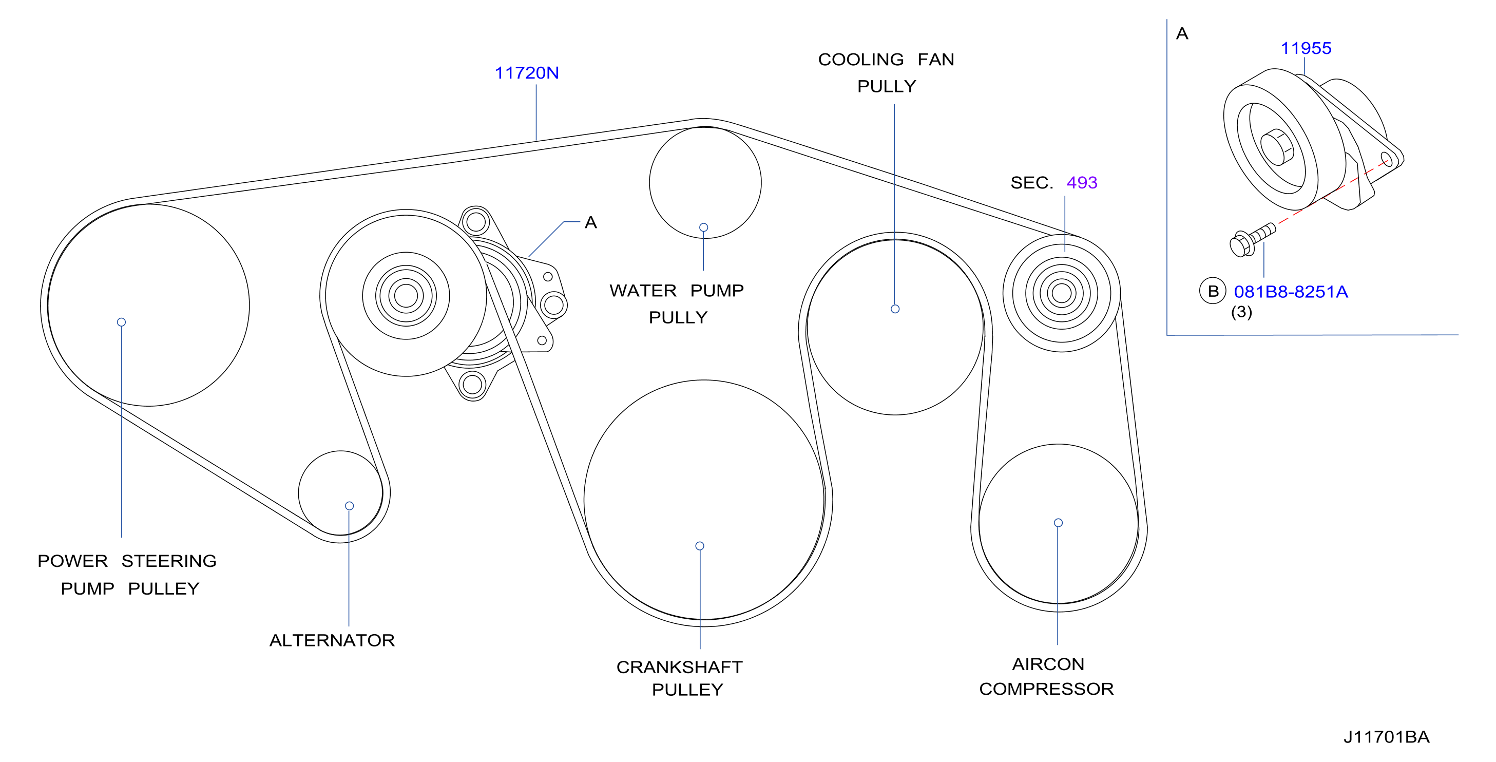 Diagram FAN,COMPRESSOR & POWER STEERING BELT for your Nissan PickUp  