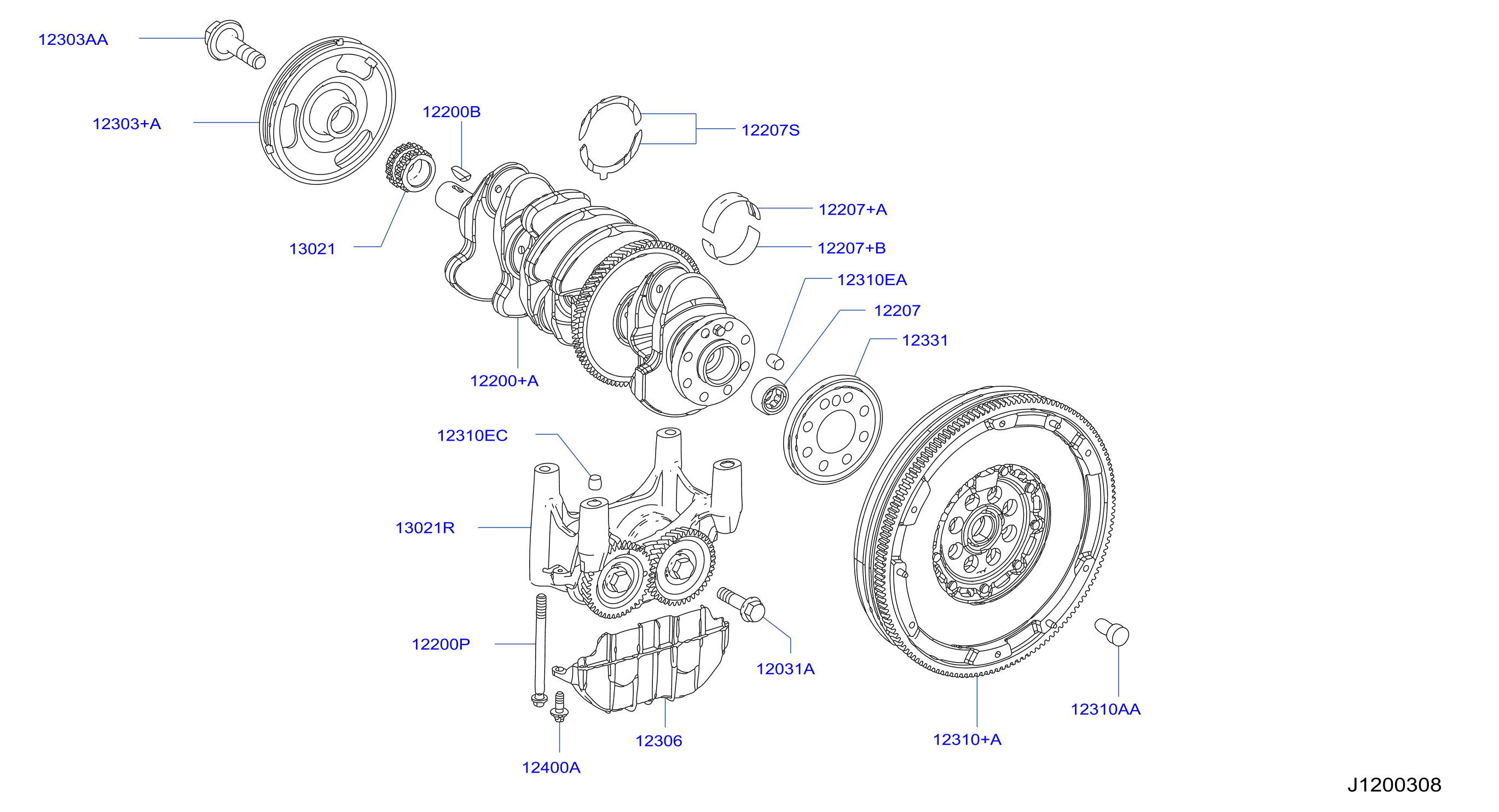 Diagram PISTON,CRANKSHAFT & FLYWHEEL for your INFINITI M56  