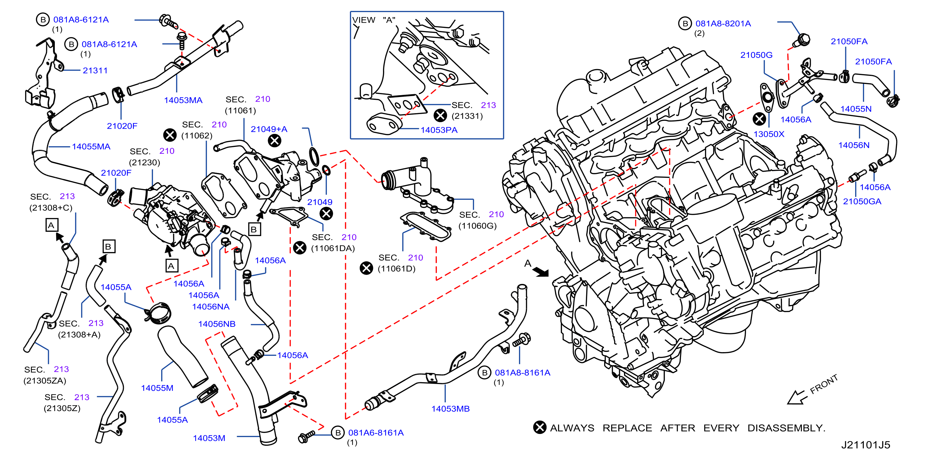 2004 Nissan Armada Engine Coolant Pipe 21022 EZ31B Genuine