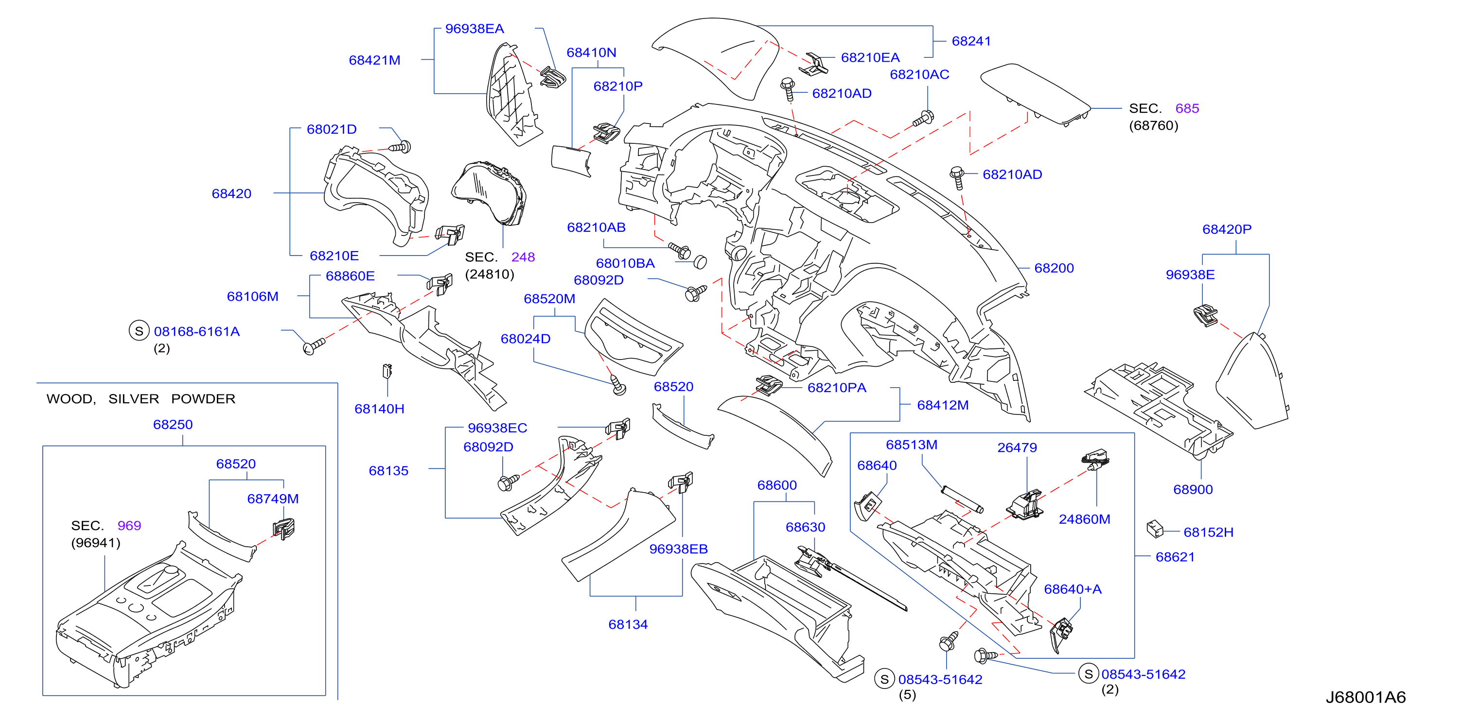 Diagram PANEL INSTRU, ALMOHANDILLA Y CAJA INSTRU for your 2018 INFINITI Q70 BASE LWB  