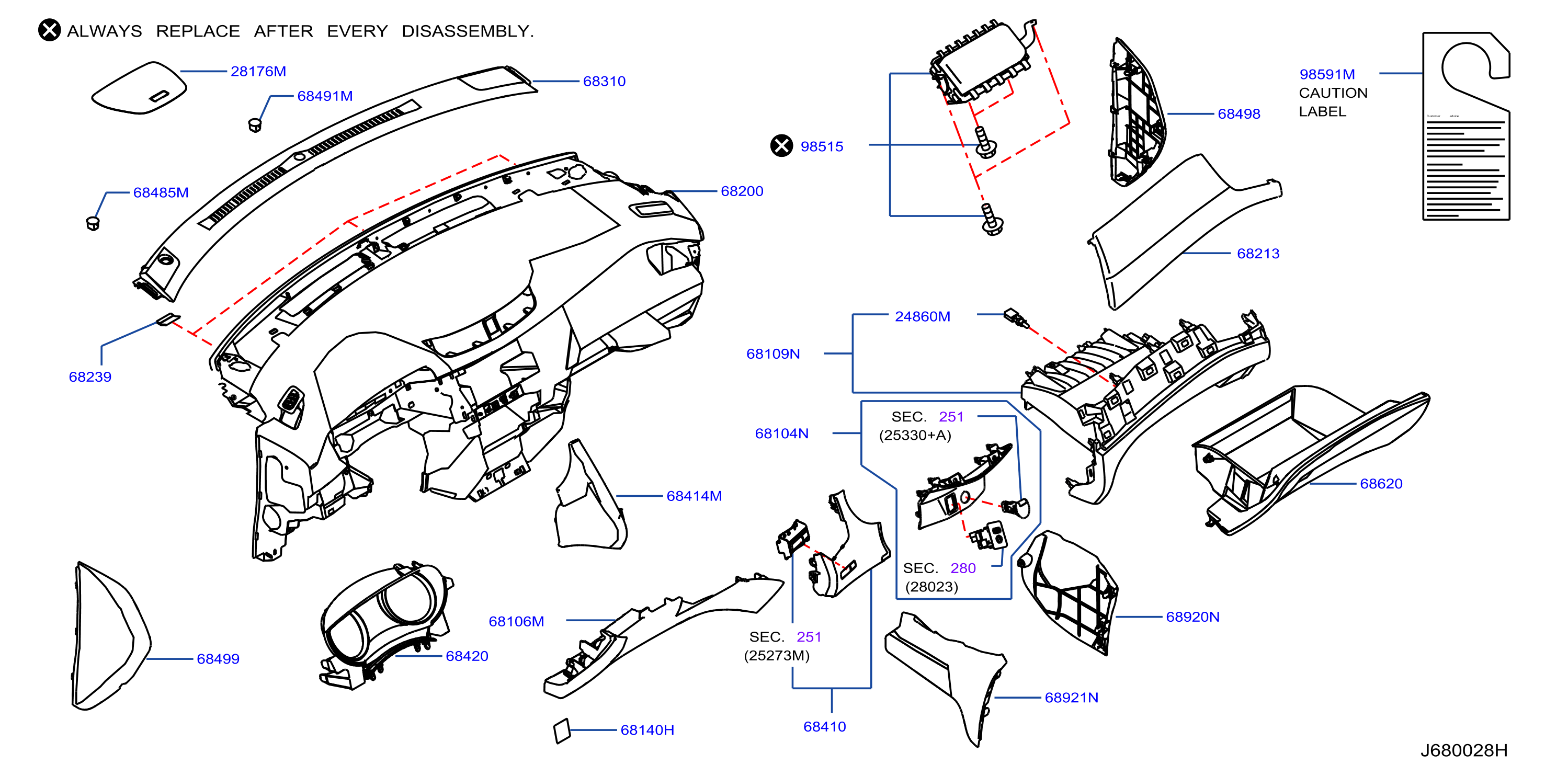 Diagram INSTRUMENT PANEL,PAD & CLUSTER LID for your Nissan Rogue  