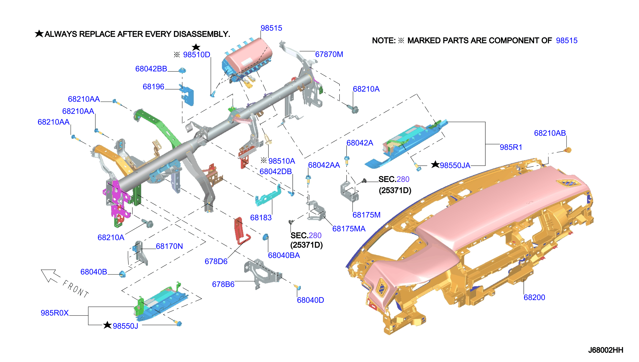 Diagram INSTRUMENT PANEL,PAD & CLUSTER LID for your 2001 Nissan Altima   