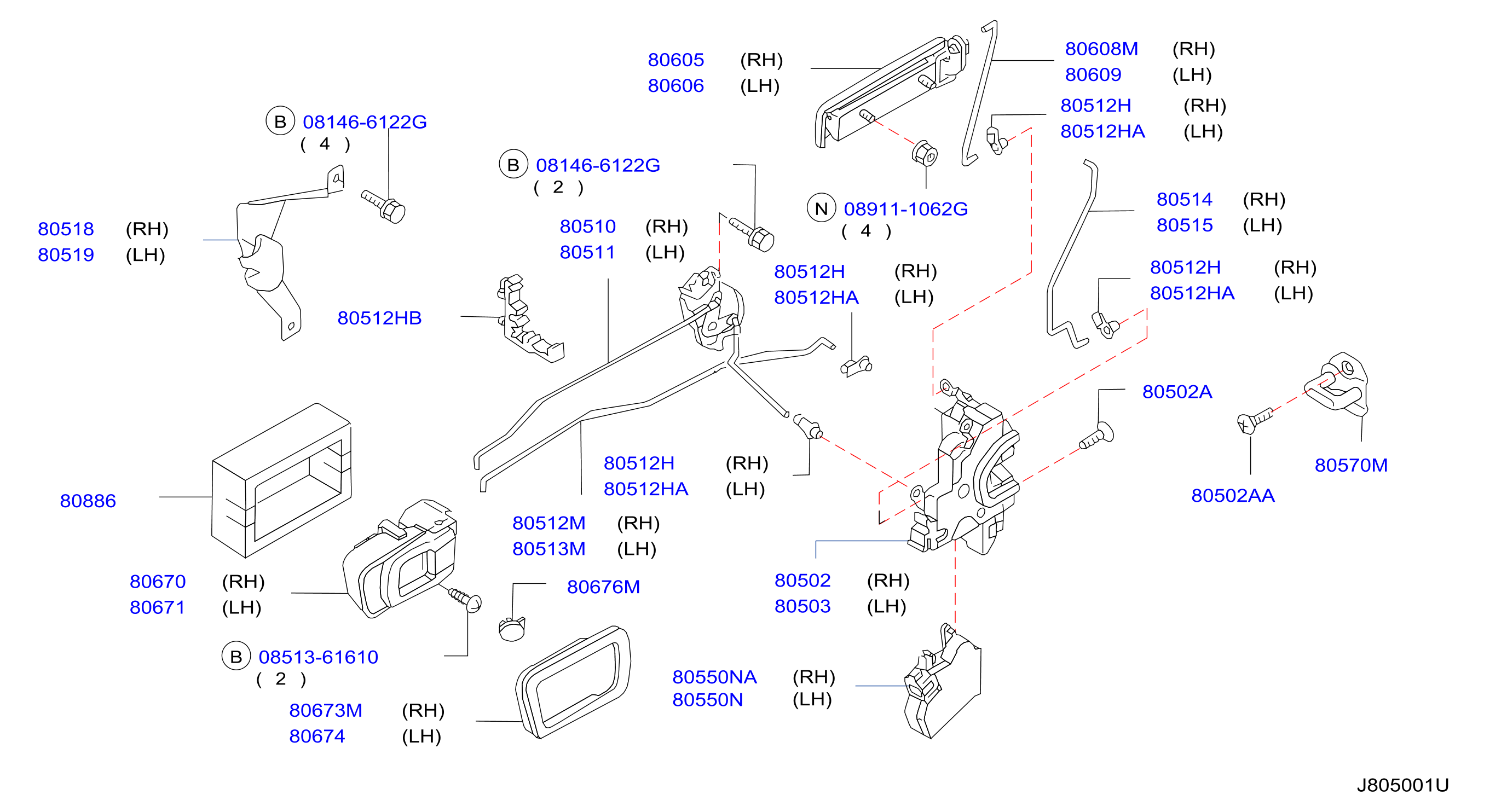 Diagram FRONT DOOR LOCK & HANDLE for your Nissan Pathfinder LE 3.3L V6 AT P/4WD