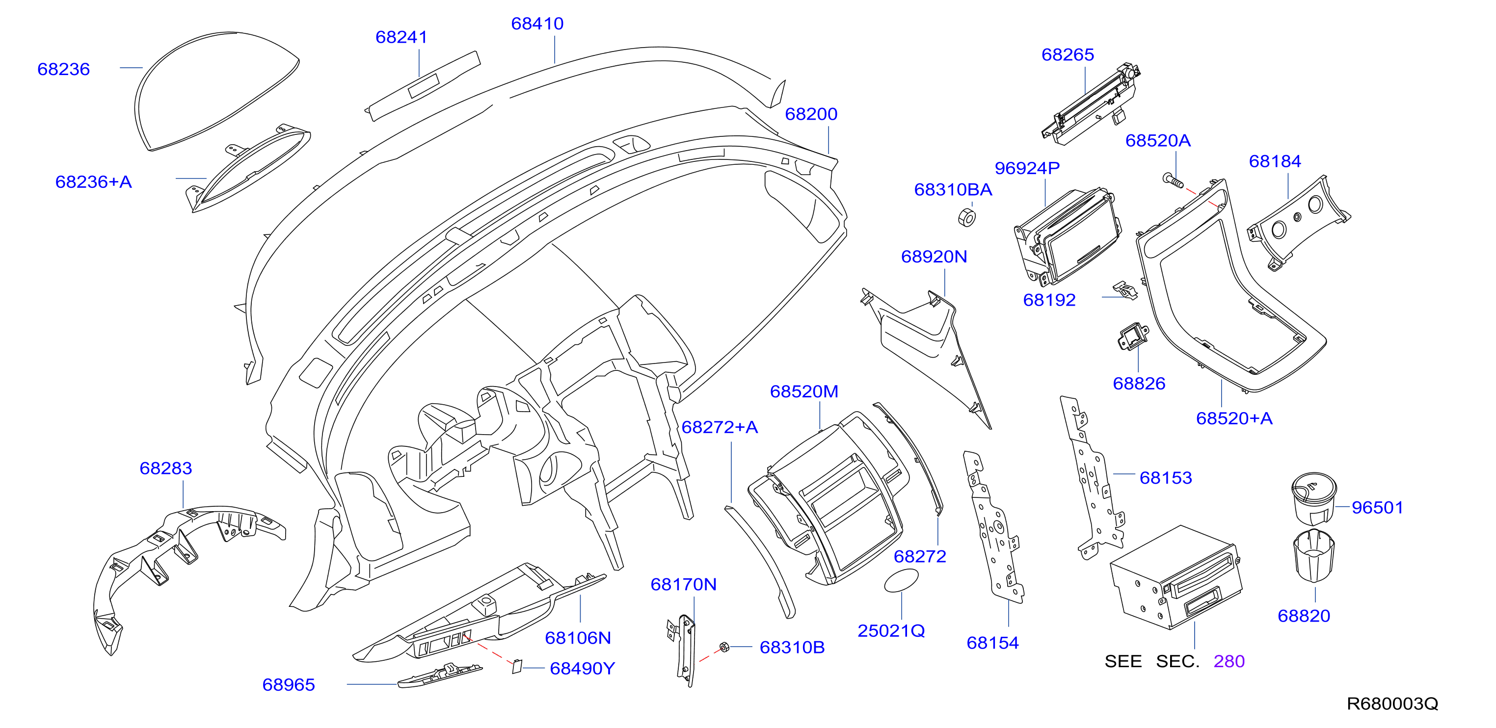 Diagram INSTRUMENT PANEL,PAD & CLUSTER LID for your Nissan Maxima  