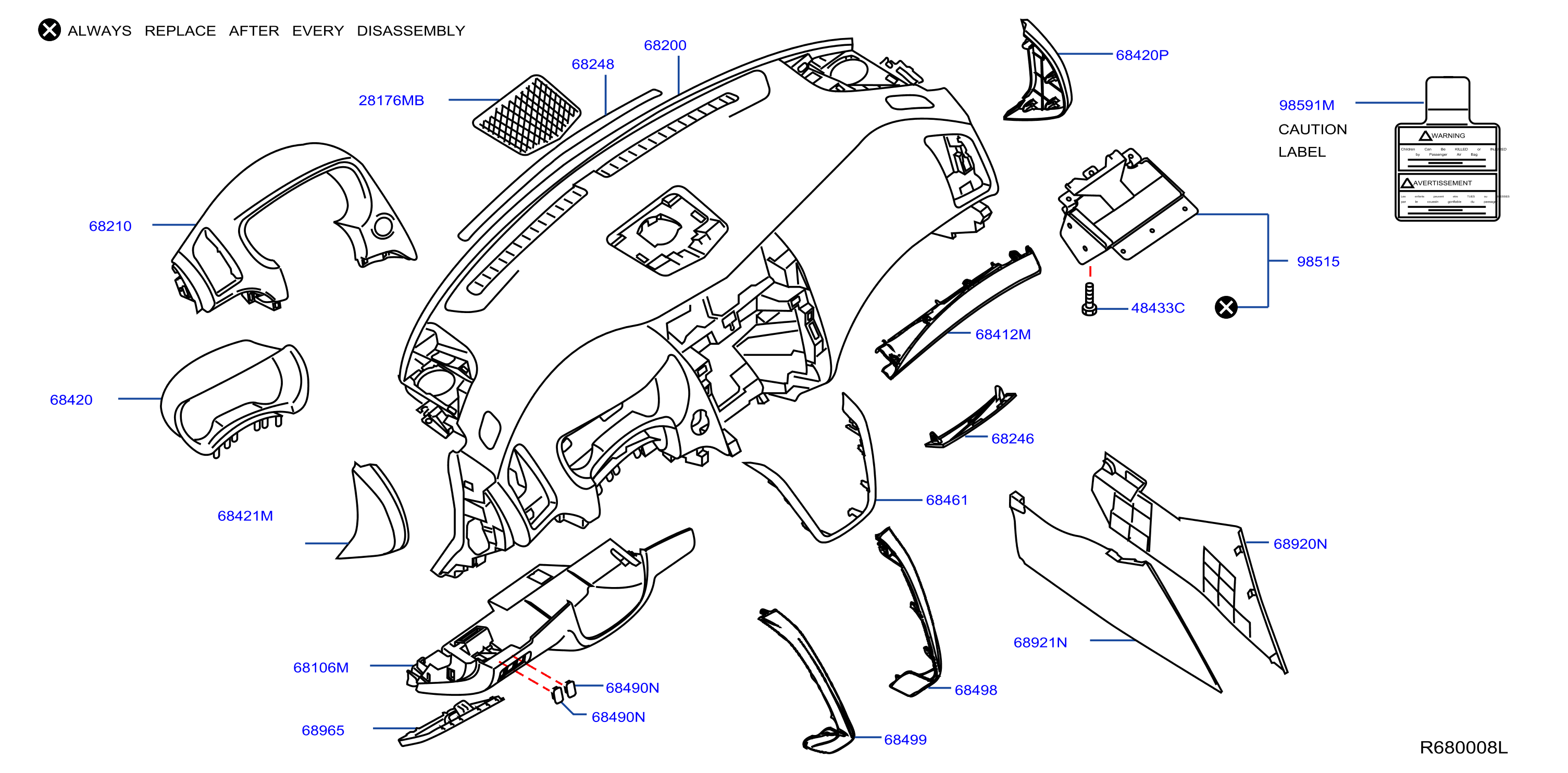 Diagram INSTRUMENT PANEL,PAD & CLUSTER LID for your 1999 Nissan Altima   