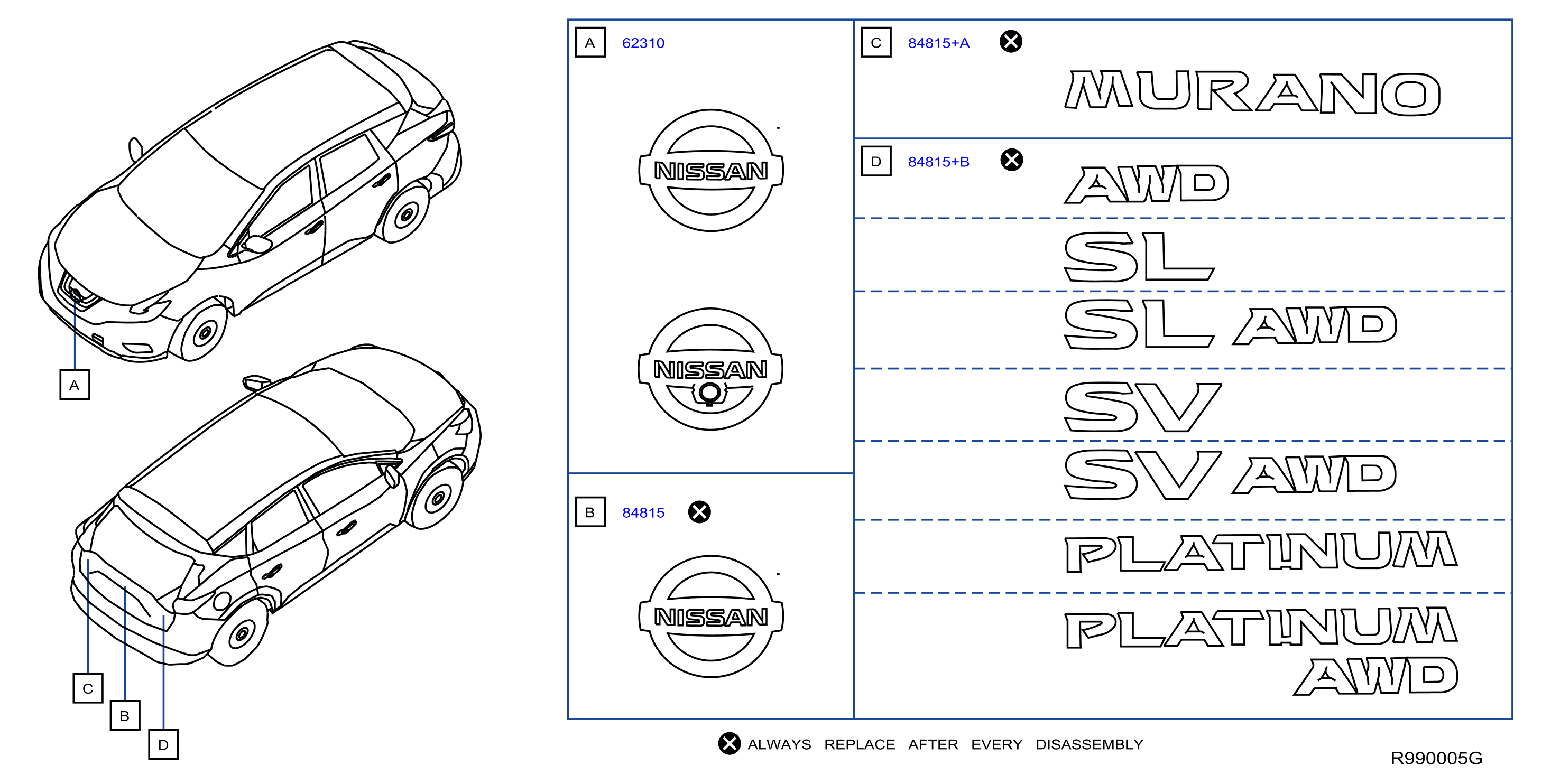 Diagram EMBLEM & NAME LABEL for your 2003 Nissan Murano   