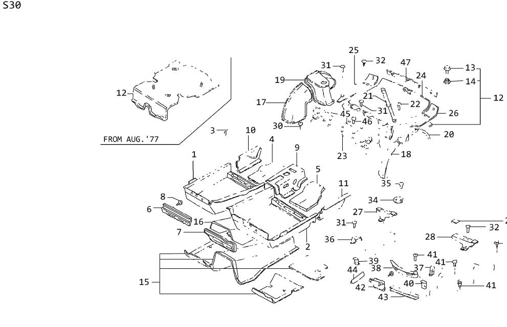 Diagram FLOOR TRIM, INSULATOR & REAR WHEEL HOUSE TRIM(2SEATER) for your 1976 Datsun 280Z   