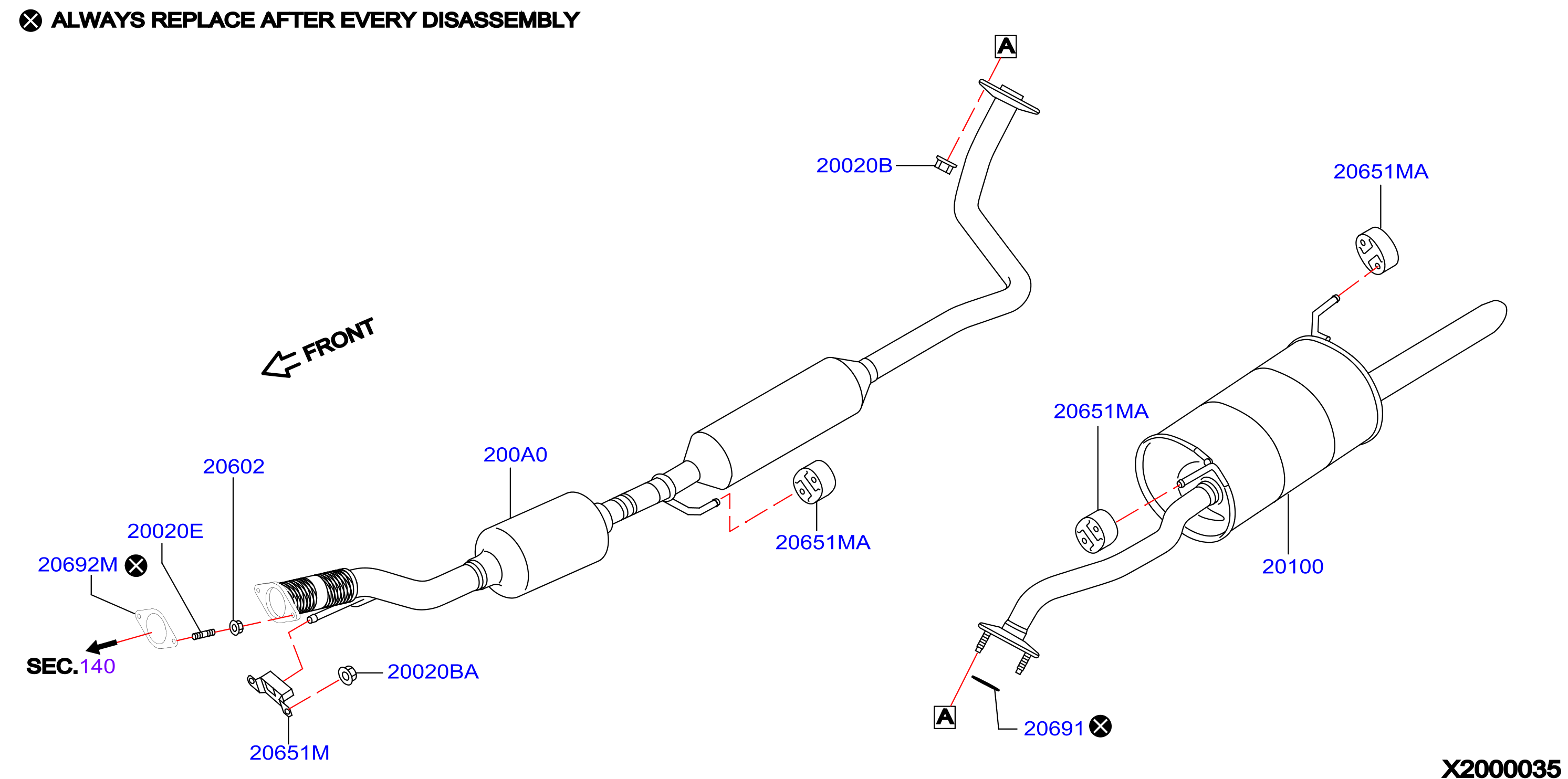 Diagram EXHAUST TUBE & MUFFLER for your Nissan