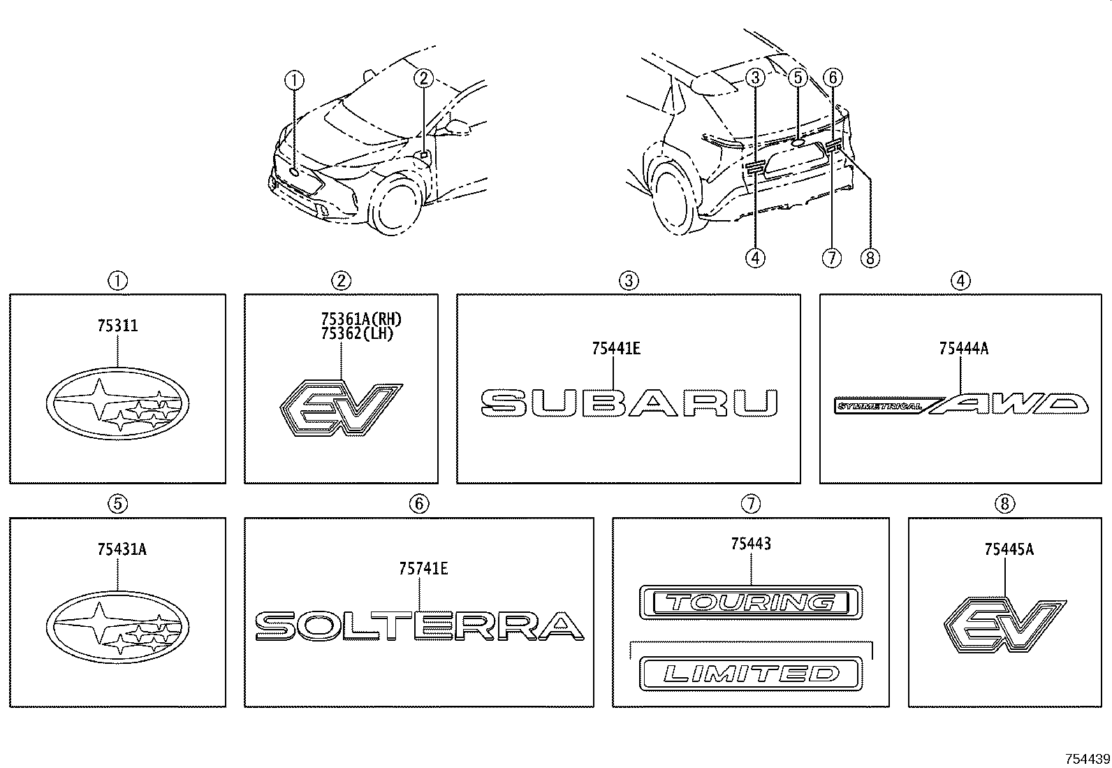 Diagram EMBLEM & NAME PLATE (EXTERIOR & INTERIOR) for your Subaru Solterra  