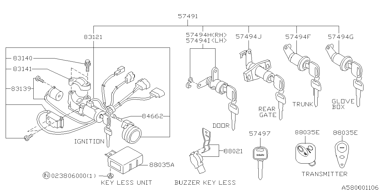 Diagram KEY KIT & KEY LOCK for your 1995 Subaru Legacy   