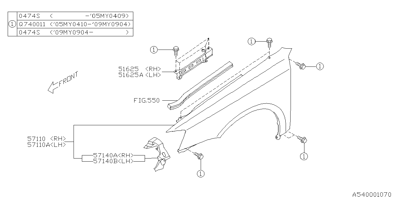 Diagram FENDER for your 2005 Subaru Legacy 2.5L TURBO 5AT GT LIMITED(OBK:XT) WAGON 