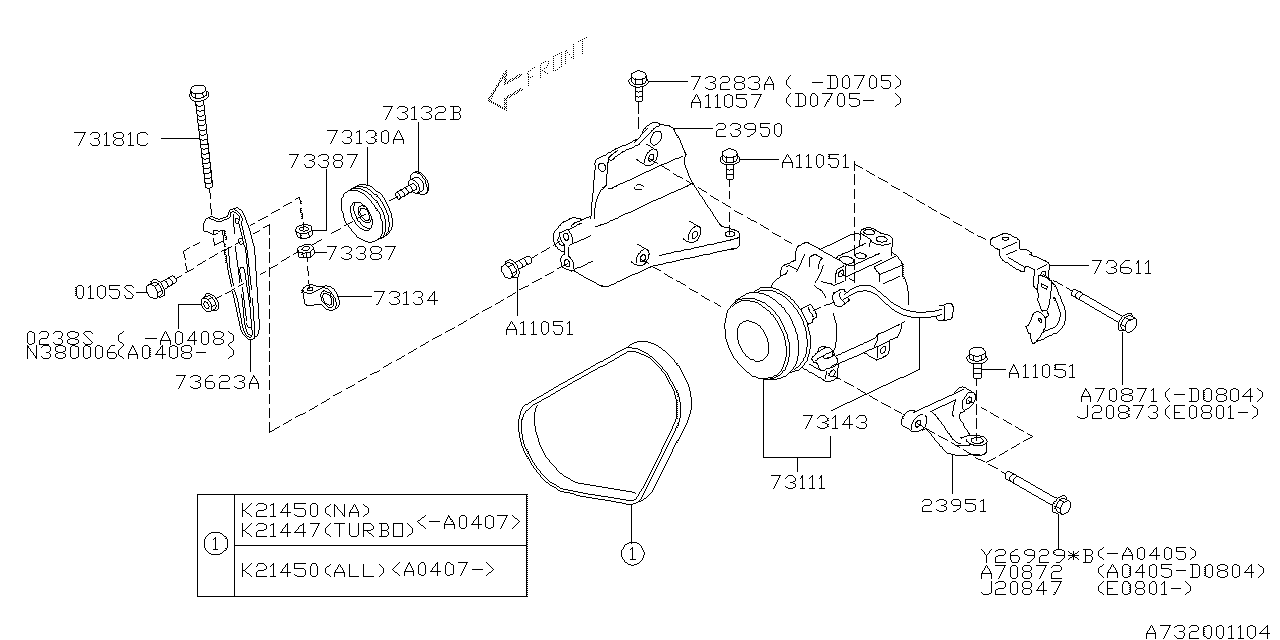 Diagram COMPRESSOR for your 2007 Subaru Legacy  GT(OBK:XT) SEDAN 
