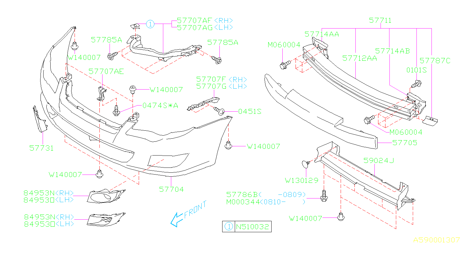 2009 Subaru Legacy 2.5L 4AT 4WD Sedan Bumper Cover Support Rail (Right ...