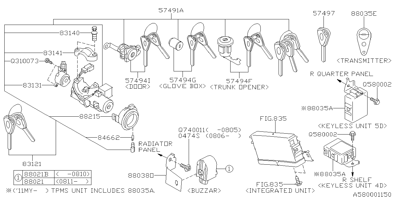 Diagram KEY KIT & KEY LOCK for your 2014 Subaru Tribeca   