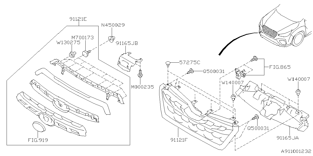 Subaru Baja Base Hood Molding Bracket. Bracket Grille (Upper). A ...