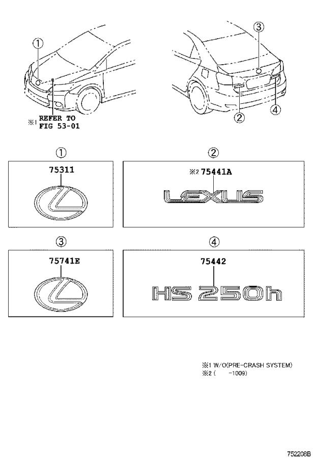 Lexus HS 250h Emblem; plate. Back door name, no. 1; symbol - 9097502228 ...