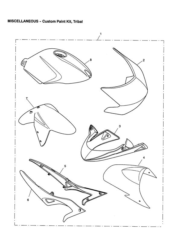 Diagram Custom Paint Kit, Tribal-PG >305059, HG >305222 & NF >305251 for your 2003 Triumph Speed Triple 210445 > 461331  