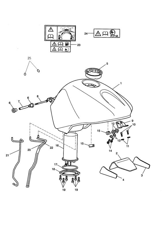 Diagram Fuel Tank, Fuel Pump & Fittings - 388958> Black Tanks; 389423> Green Tanks; 388885> White Tanks for your Triumph Street Triple  