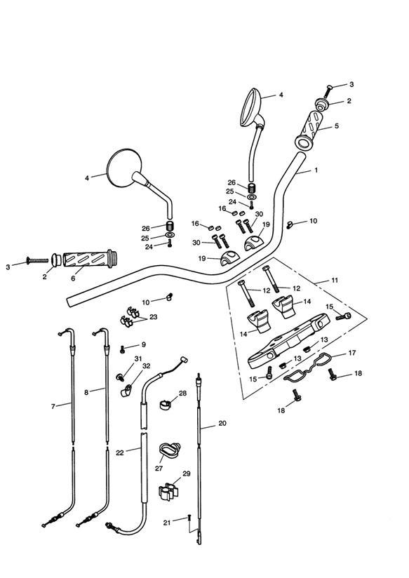 Diagram Handlebars, Top Yoke, Cables & Mirrors for your Triumph