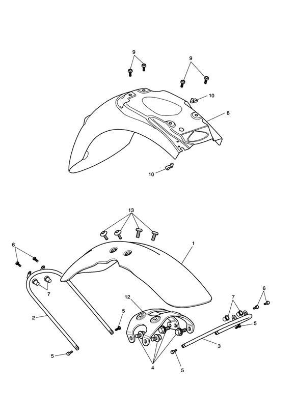 Diagram Mudguards- 284635-F2 > Black; 284691-F2 > Silver; 284984-F2 > All Other Col. & 279279-F4 > All Col. for your Triumph