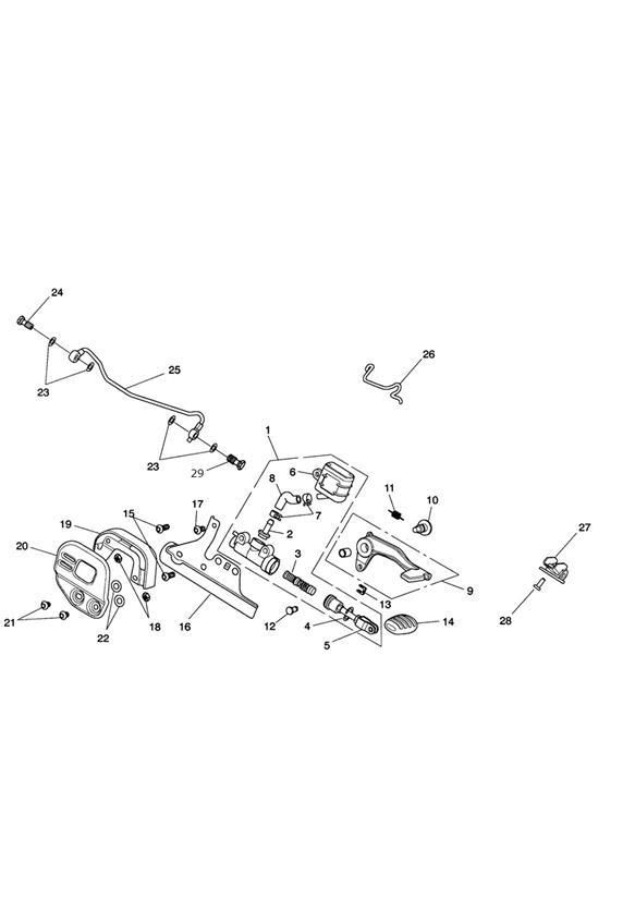 Diagram Rear Brake Master Cylinder, Reservoir & Pedal - Roadster for your 2010 Triumph Bonneville  from VIN 380777/ SE 