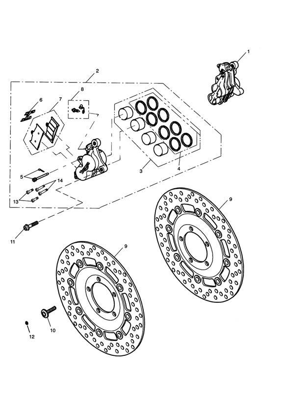 Diagram Front Brake Caliper & Discs for your 2007 Triumph Bonneville  from VIN 380777/ SE 