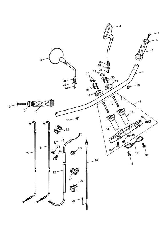 Diagram Handlebars, Top Yoke, Cables & Mirrors for your Triumph