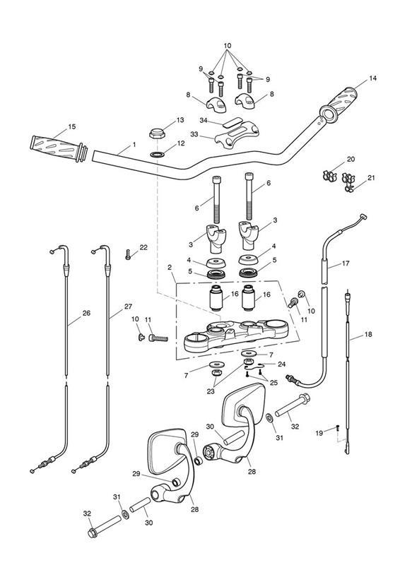 Diagram Handlebars, Top Yoke, Cables & Mirrors for your 2022 Triumph Bonneville   