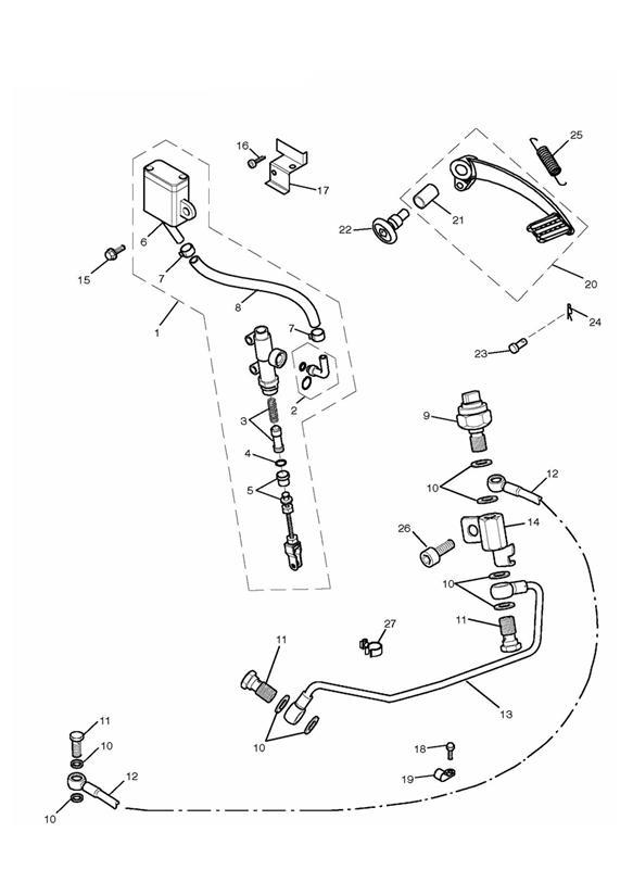 Diagram Rear Brake Master Cylinder, Reservoir & Pedal for your 2008 Triumph Bonneville  from VIN 380777/ SE 