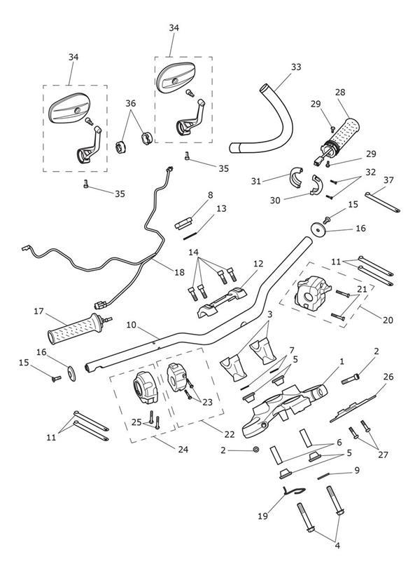 Diagram Handlebars, Top Yokes & Mirrors > 920185 All Expt BR & > 932928 - BR Only for your 2019 Triumph Scrambler 1200   