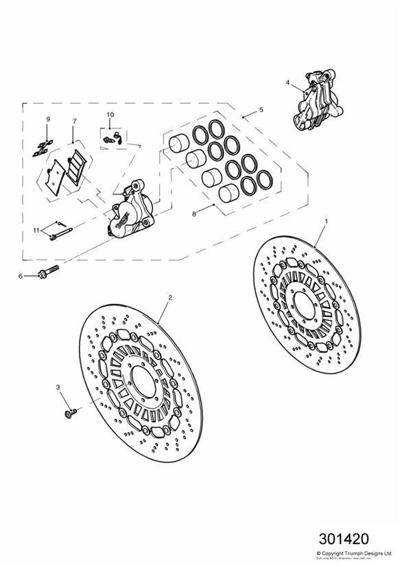 Diagram Front Brake Caliper and Disc for your 2007 Triumph Bonneville  from VIN 380777/ SE 