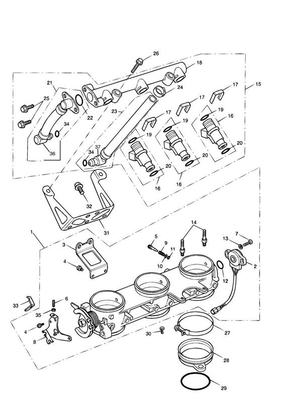 Diagram Throttles/Injectors and Fuel Rail > 207554 for your 2000 Triumph Speed Triple  141872 > 210444 