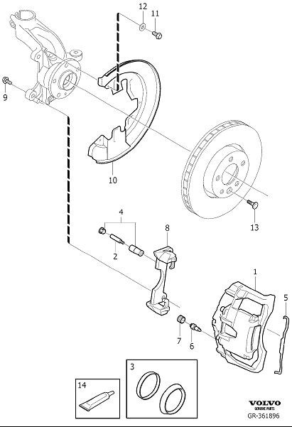 Diagram Front wheel brake for your 2014 Volvo XC70  2.0l 4 cylinder Turbo 