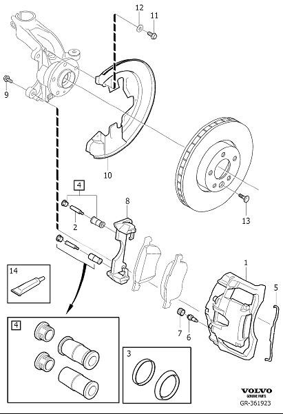 Diagram Front wheel brake for your 2014 Volvo XC70  2.0l 4 cylinder Turbo 