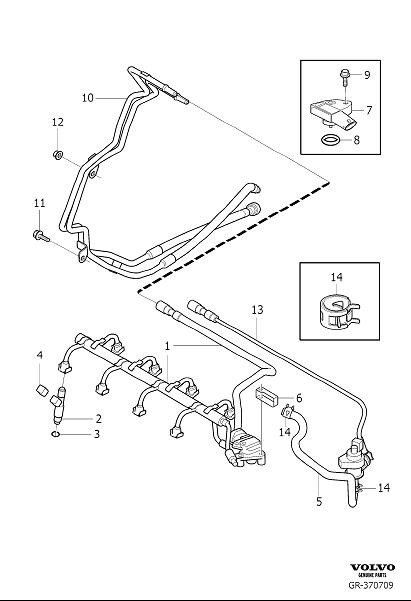 Diagram Injector and high-pressure line, Injector and pressure pipe for your 2002 Volvo V70   