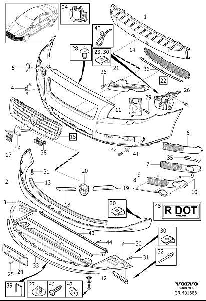 Diagram Bumper, front, body parts for your 2008 Volvo S80  4.4l 8 cylinder 