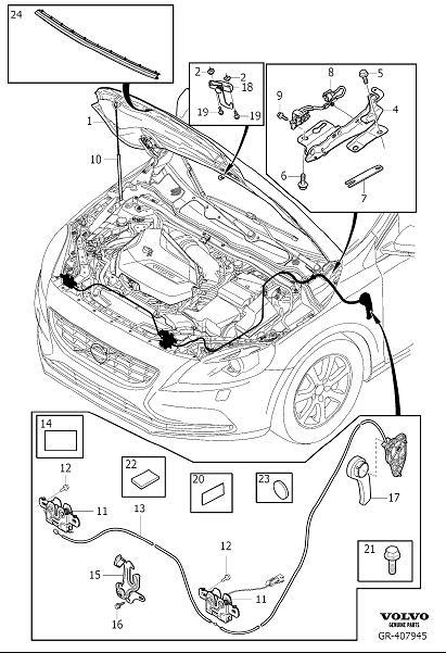 Diagram Hood with assy. parts, engine bonnet with fittings for your 2024 Volvo V60   