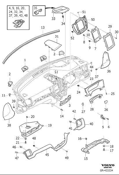 Diagram Dashboard body parts for your 2010 Volvo V70   