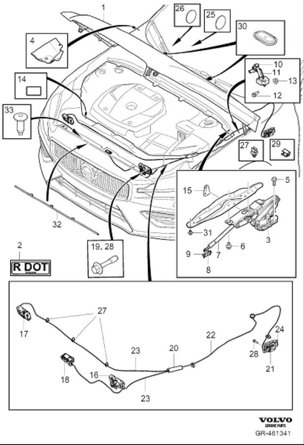 Diagram Hood with assy. parts, engine bonnet with fittings for your Volvo V60  