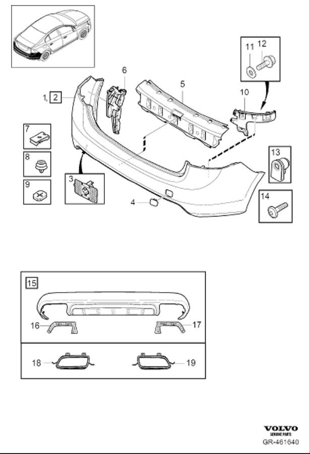 Diagram Bumper, rear, body parts for your Volvo S60 Cross Country  