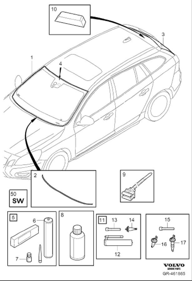 Diagram Glass and sealing moulding for windscreen and rear window for your Volvo V60 Cross Country  
