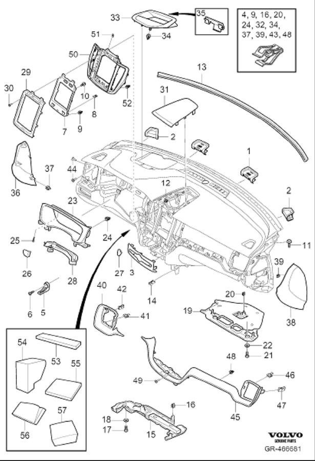 Diagram Dashboard body parts for your 2010 Volvo V70   
