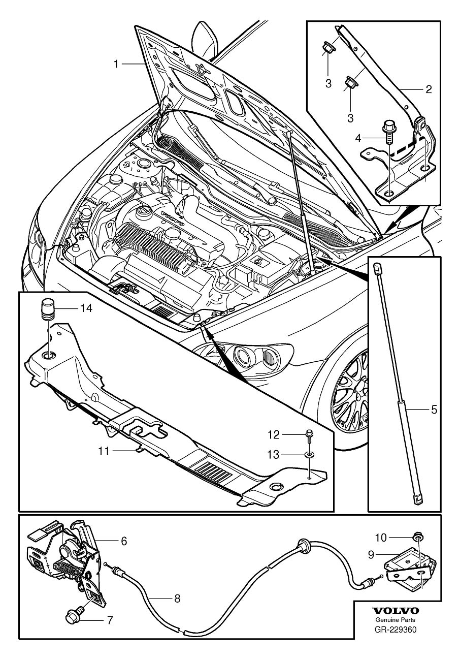 Diagram Engine bonnet with fittings, hood with assy. parts for your Volvo