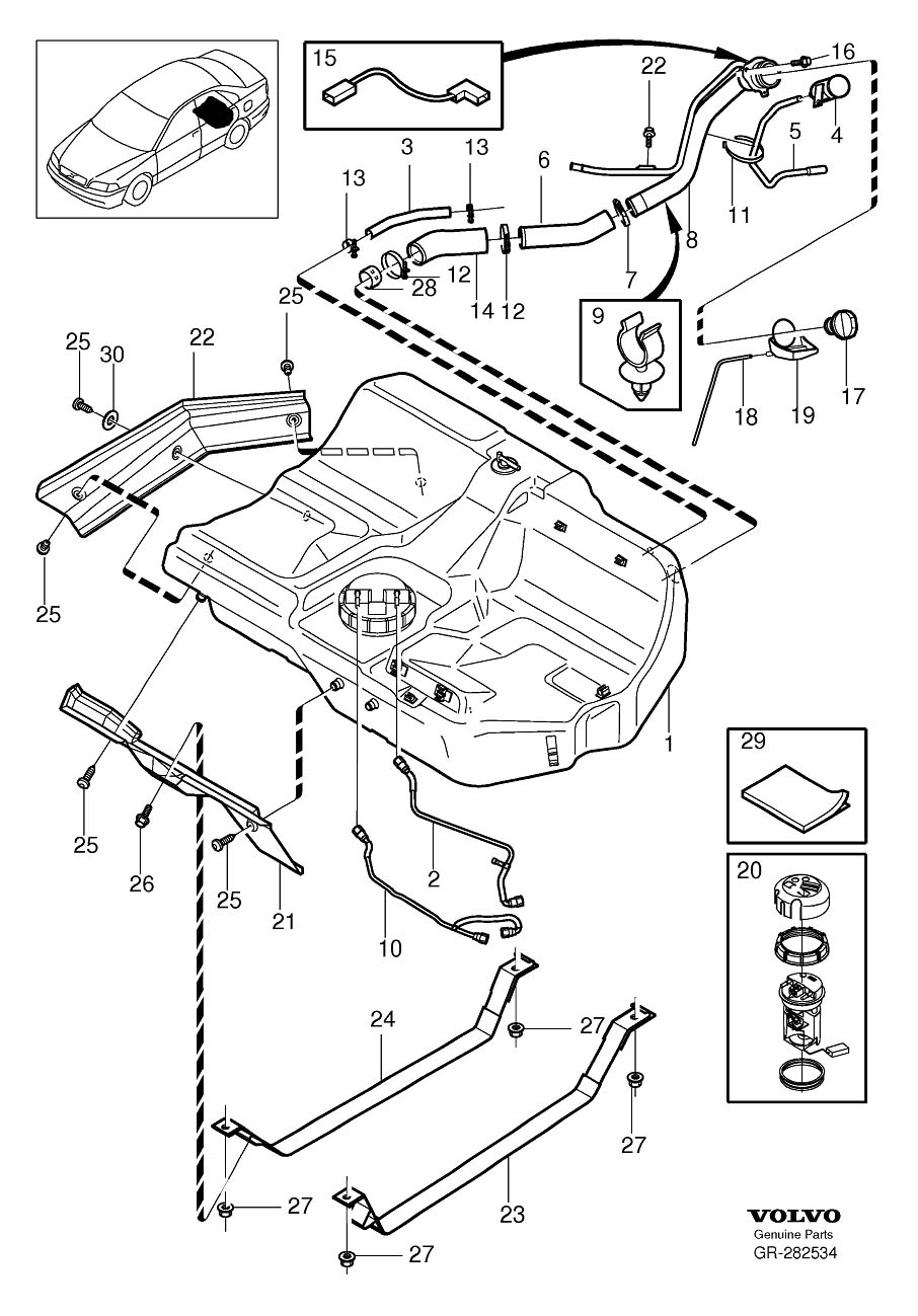 Diagram Fuel tank and connecting parts for your Volvo V40  