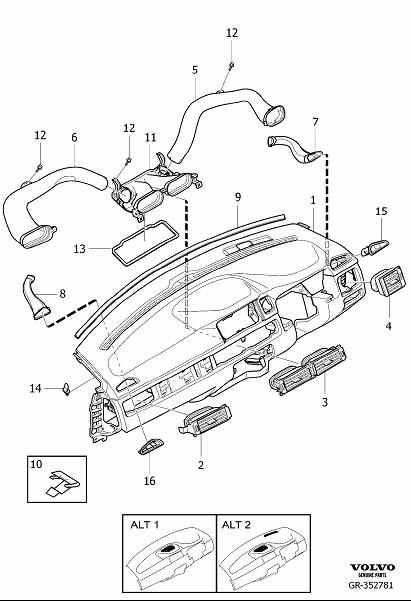 Diagram Dashboard air ducts for your 2007 Volvo S60   