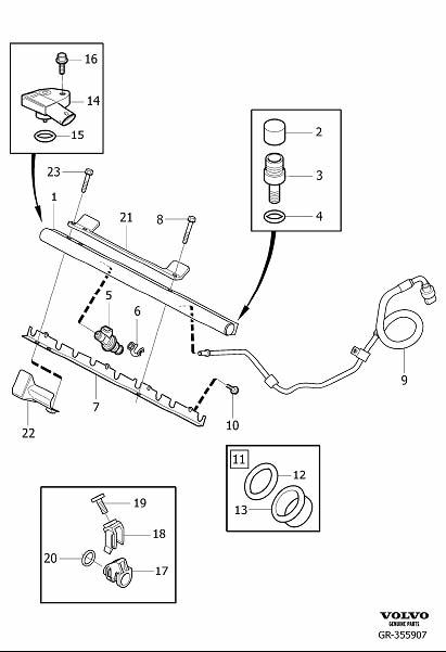 Diagram Injector and high-pressure line, Injector and pressure pipe for your 2011 Volvo C70  2.5l 5 cylinder Turbo 