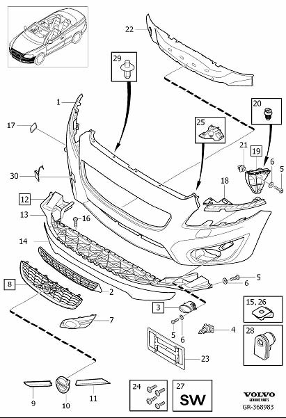 Diagram Bumper, front, body parts for your 2015 Volvo S60   
