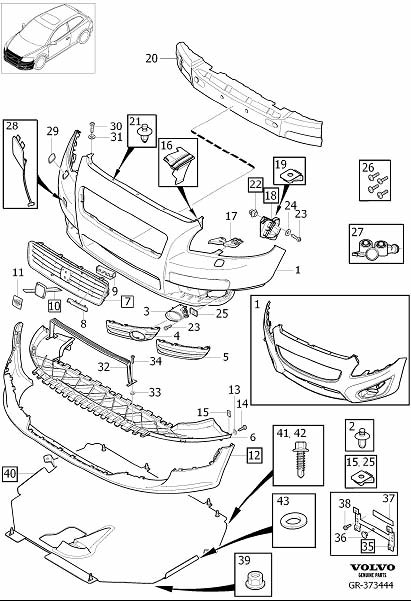 Diagram Bumper, front, body parts for your Volvo