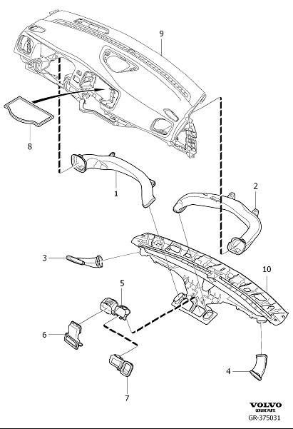Diagram Dashboard air ducts for your Volvo V60 Cross Country  